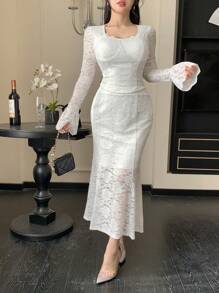 DAZY 2pcs Women Set: Lace Collar Blouse And Fishtail Skirt,Fall Women Clothes Lounge Sets For Women - Beige - View 3