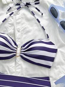 Summer Striped Print Top With Metal Decoration & Striped Briefs