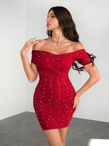 SHEIN Tall 露肩串珠装饰紧身迷你连衣裙，优雅派对装 - 紅色 - 查看 5