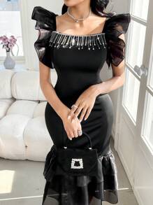 Modelyn Women's Rhinestone Tassel Design Flutter Sleeves Elegant Mermaid Dress - Black - View 1