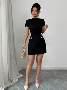 Selianne Women's Short Sleeve Elegant Ribbon Splice Fitted Stand Collar Dress - Black - View 6