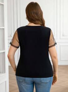 SHEIN Clasi Plus Size Beaded Decor Mesh Patchwork T-shirt met korte mouwen