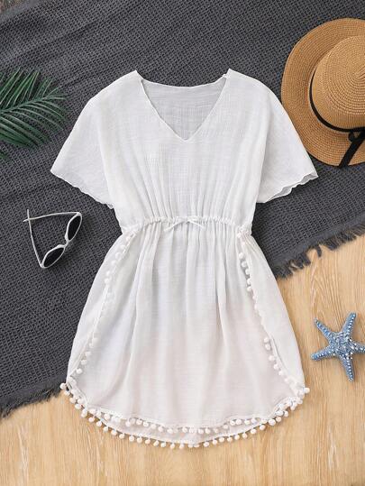 SHEIN 1pc Teen Girl White Solid See-Through Sheer Chiffon Cover Up, Soft & Lightweight Fabric, Asymmetrical Hem Design With Tassel Details, V-Neck To Show Collarbone, Suitable For Beach, Resort Wear