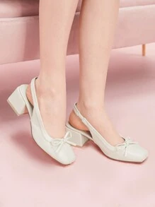CUCCOO DOLLMOD Beige PU Hollow Back Square Toe Fashion Chunky Heel Flats - Beige - View 4