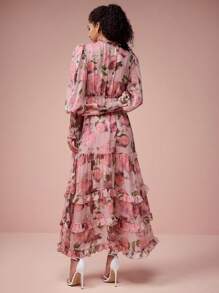 Enchnt Spring/Summer Romantic Women's Floral Print Ruffled Edge Tie Neck Multi-Layered Ruffled Hem Cuffs Dress, Sweet&Elegant For Valentine's Day&Holiday &Sweet Date Night&Daily&Vacation&Garden Parties - Pink - View 7