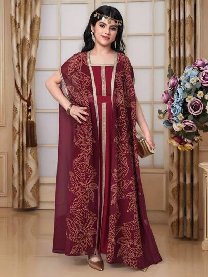 2pcs/Set Teen Girl Chiffon Floral Print Jacket & Sleeveless Cinched Waist Dress Set