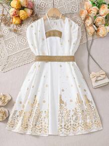 SHEIN Young Girls 2 Pcs Chiffon Gold Foil Flower Smock Dress Outfit, A-Line Dress With Golden Woven, Matching Family Vacation, With Golden Woven, Sibling Outfits, Sisters Outfit, Suitable For Girls Daily Wear, Festivals, Family Gatherings And Special Occasions, Sibling Outfits Sisters Style Outfit, Spring And Summer, Cute & Elegant & Sweet & Vintage & Fashionable.Mom And Daughter & Sisters Matching. - Baby Blue - View 8