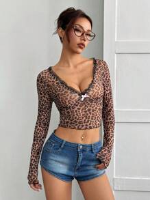 SHEIN EZwear Damski modny top z nadrukiem w panterkę i kokardą