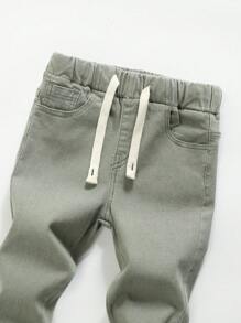 SHEIN Playful Pals Young Boy Drawstring Waist All-Match Solid Elastic Waist Skinny Fit Casual Regular Jeans, Light Grey, School, Campus, College Chic Outfits For Autumn/Winter
