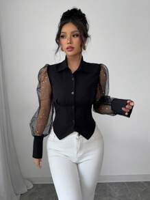 Elenzga Chemise crop à manches longues près du corps avec imprimé graphique métallique bohème, printemps/été pour femmes