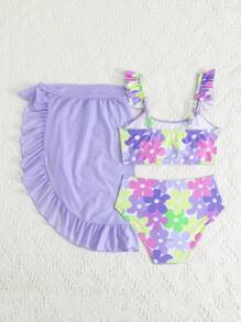 Conjunto de traje de baño para niñas preadolescentes con bikini con estampado floral, bata y minifalda