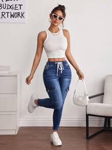 SHEIN PETITE Women's Casual Drawstring Waist Slim Fit Cargo Jeans - Blue - View 3