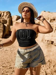SHEIN EZwear Plus Size Black Letter Print Sleeveless Camisole, Light And Suitable For Party, Spring/Summer - Black - View 4