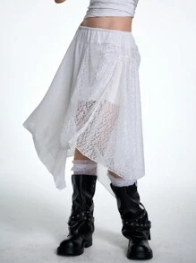 Coolane Falda blanca asimétrica de encaje transparente y contraste para mujer, ideal para citas, salir y conciertos en primavera y verano - Blanco - Ver 4