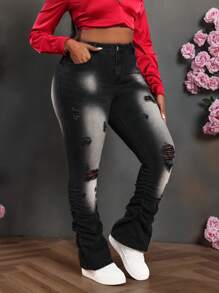 SHEIN SXY Jeans in Große Größen, sexy, skinny, zerrissen, ausgestellt, schwarz, lang geschnitten, Jeans im Y2K-Stil, Hosen für Frauen, figurbetonte Hosen, gestapelte Jeans für Frauen, Petite Schlaghosen, für Kurven und Große Größen