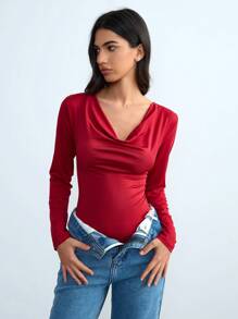 SHEIN Unity 1 件女士优雅红色长袖紧身衣 - 紅色 - 查看 5