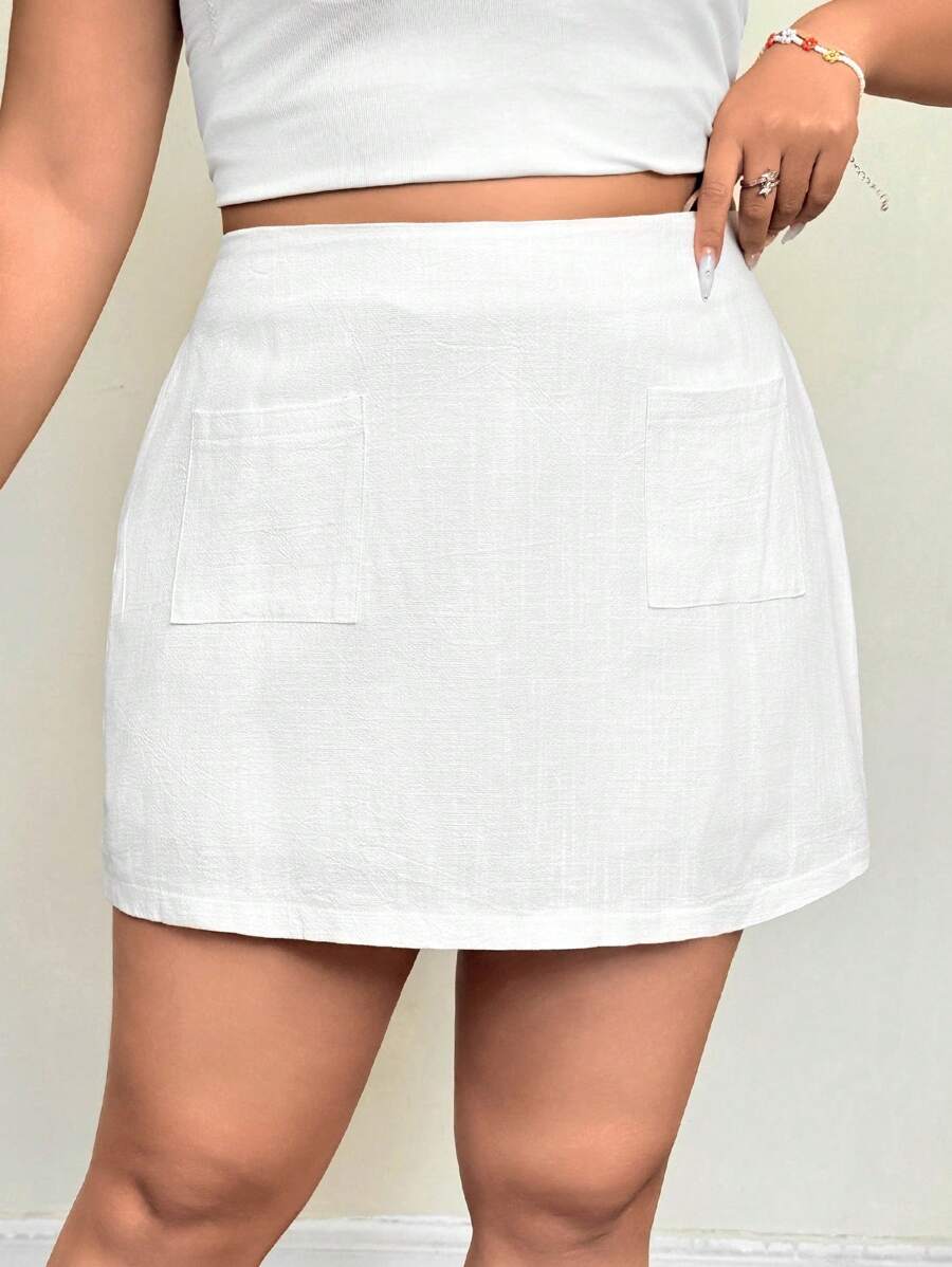 CovetEZ Plus Size Bamboo Knit Patchwork A-Line Midi Skirt, Casual Spring/Summer - White - View 1