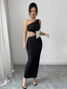 Elenzga Vestido ajustado con perlas caladas y escamas, vestido de punto floral bordado glamoroso de longitud hasta el suelo