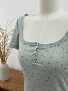 DAZY T-shirt femme à manches courtes, col rond, coupe slim, avec imprimé floral tout-sur-tout, pour Pâques - Vert - Voir 6