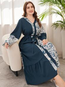 Lacomfia Elegant V-Neck Digital Printed Plus Size Dress - Multicolor - View 3