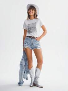 SHEIN LUNE 节日必备亮片女士圆领短袖休闲 T 恤 - 白色 - 查看 2