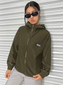 SHEIN EZwear Chaqueta con capucha con cremallera para mujer con detalles bordados con letras