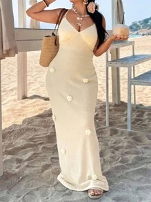 SHEIN VCAY Váy bó sát hở lưng cỡ lớn có họa tiết hoa - Màu be - Xem 1