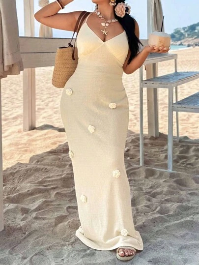 SHEIN VCAY Plus Size Backless Bodycon Dress With Floral Embellishment,Sundresses For Vacation,Beach Outfits,Backless Dress,Beach Dresses,Maxi Dresses For Women,3D Flower,Beach Dress Sundress,Holiday Outfits Boho