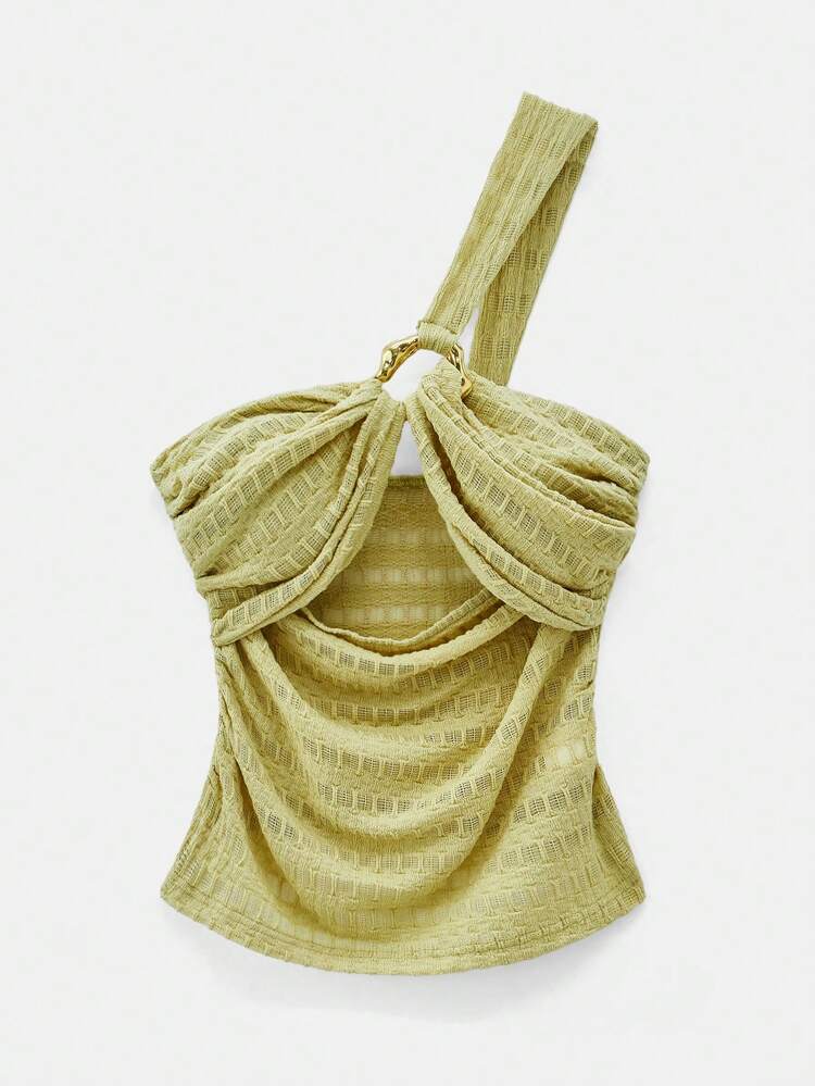SHEIN Maija 2025 Summer New Green Asymmetric Metal Button Textured Knit Casual Versatile Fashion Music Festival Beach Holiday Everyday Romantic Urban Vacation Suitable For Outings, Gathering, Wedding Guest, Graduation Season Ladies Camisole Top