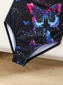 Girls' One-Piece Butterfly Swimsuit, Black With Colorful Print, Summer Beachwear - Multicolor - View 9