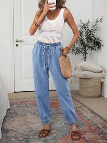 SHEIN LUNE Women's Drawstring Waist Pockets Ankle-Cuffed Jeans - Blue - View 1