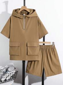 SHEIN 2pcs Casual Teenager Boy Set - Hooded Jacket With Functional Pockets And Elastic Waist Shorts, Soft And Comfortable, Versatile For Daily Wear, Outdoor, School, Streetwear, Party, Leisure, Suitable For Spring, Summer, Autumn