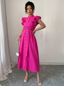 Elenzga New Solid Color Ruffle Collar Puff Sleeve Cinched Cinched Waist Shift Dress For Women - Hot Pink - View 5