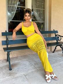 Zolique Women's Yellow Truncated Sexy Lace Contrast Mesh Vest Fishtail Long Skirt Two-Piece Vacation Set