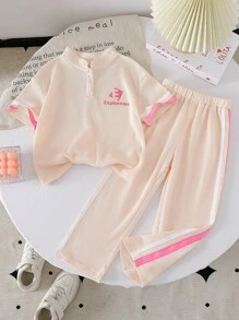 SHEIN Explorewe 2pcs Young Girl Casual Daily Short Sleeve Polo Shirt And Long Pants Set - Apricot - View 8