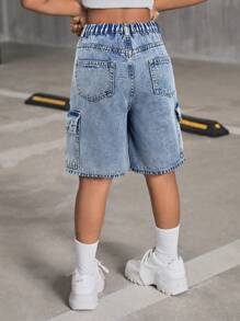 SHEIN Pantaloncini di jeans cargo ampi a vita alta con tasche a patta per ragazze pre-adolescenti, stile Y2K, abbigliamento primavera/estate per ragazze per il ritorno a scuola, versatili, casual, boho, per festival, uscite in spiaggia, cerimonie di laurea