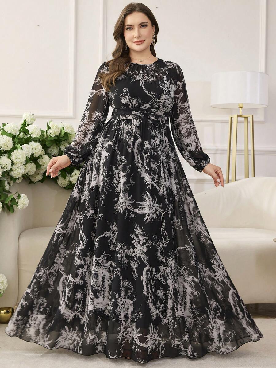 Modelyn Plus Size Women's Fashionable & Elegant Printed Waist-Cinched Flared Dress Fall Cloth For Women - Black - View 1