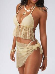 Swim EVENT 3pcs/Set Women Summer Vacation Knit Hollow Shell Decor Strap Boho Style Music Festival Bikini Swimwear Set - Apricot - View 4