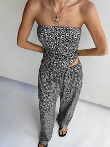 Forever 21 Holiday Boho Black And White Printed Strapless Top Casual Pants - Black and White - View 6