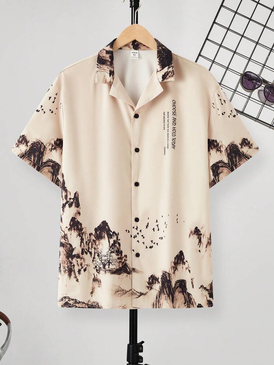 SHEIN Áo sơ mi in hình tay ngắn thường ngày cho bé trai tuổi teen, phong cách đường phố vẽ mực phong cảnh núi, Punk, Rock, phong cách đại học để mặc hàng ngày, tiệc tùng, lễ hội âm nhạc, xuân/hè - Màu Khaki - Xem 1