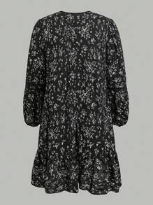 Flirla Round Neck Ditsy Floral A-Line Loose Dress - Black - View 2
