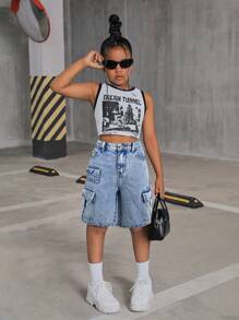 SHEIN Pantaloncini di jeans cargo ampi a vita alta con tasche a patta per ragazze pre-adolescenti, stile Y2K, abbigliamento primavera/estate per ragazze per il ritorno a scuola, versatili, casual, boho, per festival, uscite in spiaggia, cerimonie di laurea