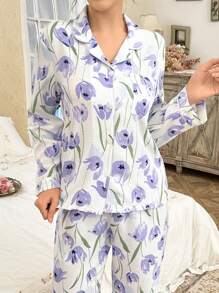 CottageSlumber 2pcs Floral Print Open Front Collar Long Sleeve Top & Long Pants Pajamas Set Holiday Season, Fall Clothes  Cozy And Elegant Details - White - View 3