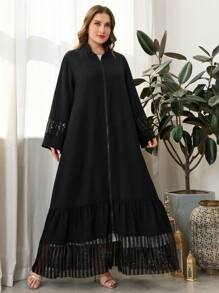 Al Najma Abaya casual holgada de manga larga con parches de lentejuelas, talla grande para primavera/otoño, vestido modesto