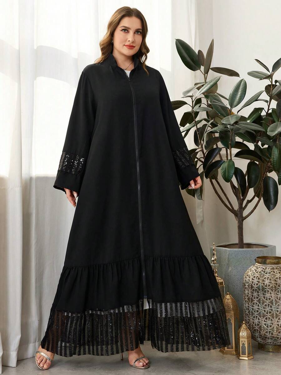 Al Najma Abaya casual holgada de manga larga con parches de lentejuelas, talla grande para primavera/otoño, vestido modesto