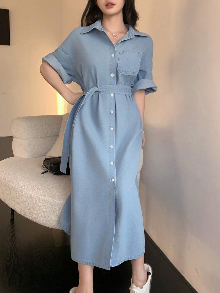 Women's Short Sleeve Single-Breasted Pocket Casual Denim Dress - Blue - View 4