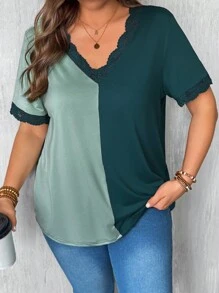 SHEIN LUNE Camiseta casual de talla grande para mujer con cuello en V, en patchwork y encaje