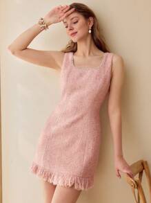 MOTF PREMIUM PEARL TRIM FRINGE HEM DRESS - Pink - View 3