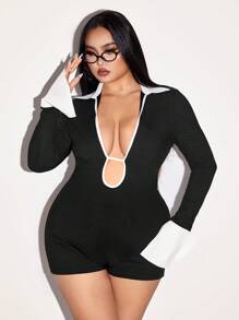 SHEIN ICON Plus Size Color Block Polo Collar Shirt With Split, Long Sleeve Tight Fitting Backless Lace-Up Jumpsuit - Black and White - View 1