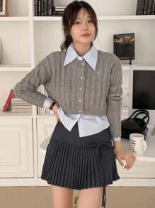 DAZY 女士褶皱侧系腰简约半身裙，休闲日常穿着，秋季、冬季返校服装 - 藏蓝色 - 查看 4